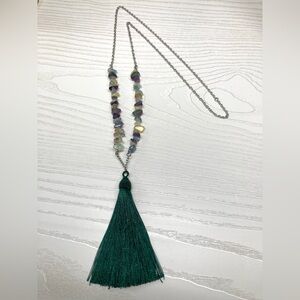 Genuine Chipped Fluorite w Handmade Dark Green Tassel Necklace